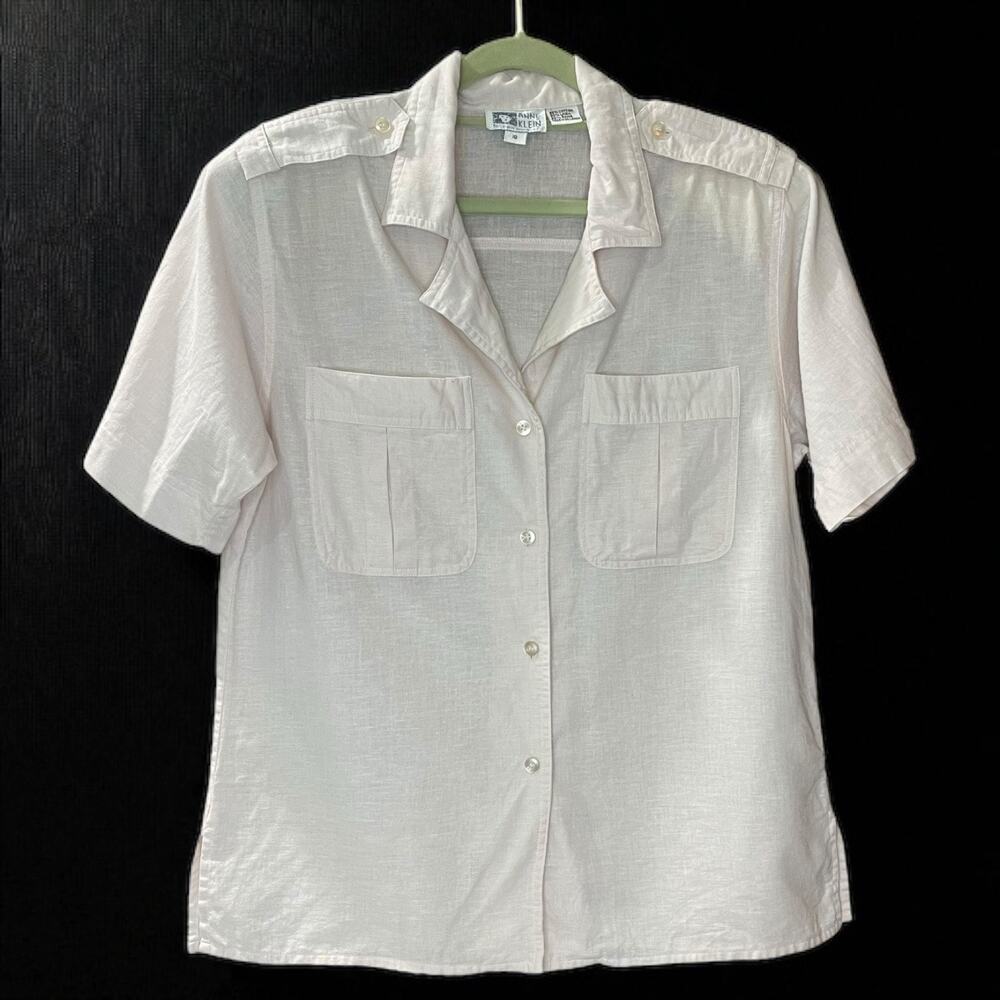 Vintage Anne Klein for New Aspects Pink Blouse Sz 10 Linen Cotton Shoulder Pads